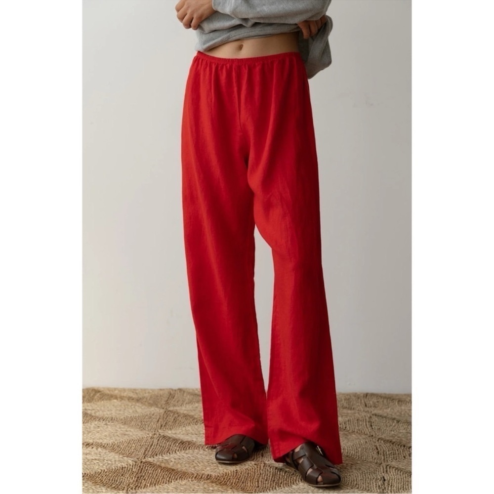 DONNI The Linen Simple Pants Wide Leg Pull on Trousers in Tomato Red